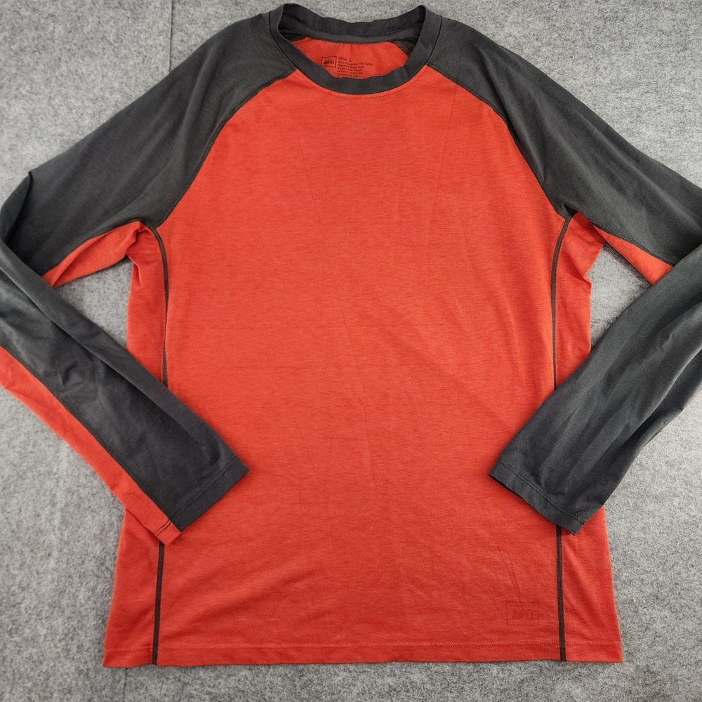 REI Mens Large Orange Grey Raglan Long Sleeve Baselayer Hiking Outdoors Shirt